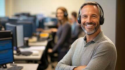 Fototapeta premium Smiling Call Center Supervisor with Headset in Office