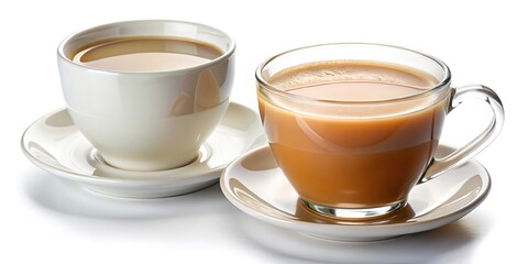 Tea and coffee beverages with milk in white cups on isolated background