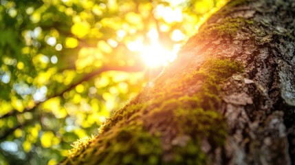 Obraz premium A detailed image of moss growing on the bark of a tree, with sunlight filtering through leaves above.