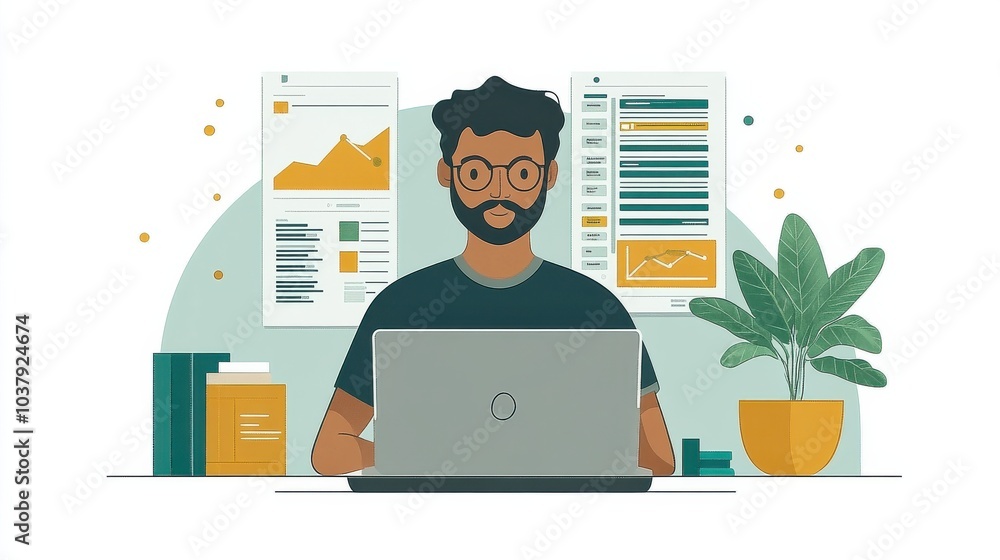 Aufkleber man working on laptop in modern office with analytics data