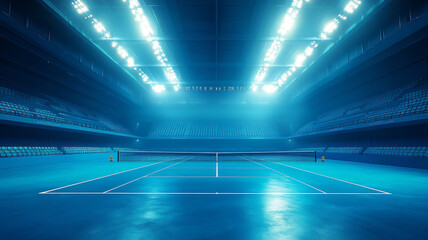 A blue tennis court inside an empty stadium with no people,