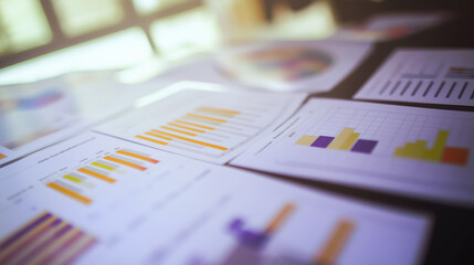 A close-up of business reports and analysis documents spread across a table, with graphs and figures clearly visible, set against a blurred background of an office workspace.