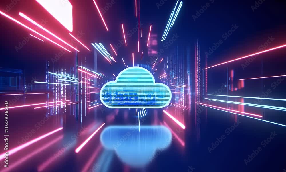 Poster a futuristic cloud computing concept with glowing neon lines and digital data flowing through the ce