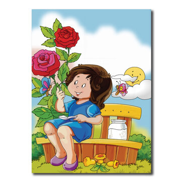 A Baby sits on a bench in a rose garden