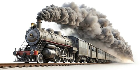 Naklejka premium train emitting smoke in forced perspective on white background
