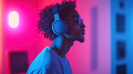 Connected Male Student in Virtual Conference with Teacher, Taking Notes and Listening with Headphones - High Resolution Close-Up Levitation Concept