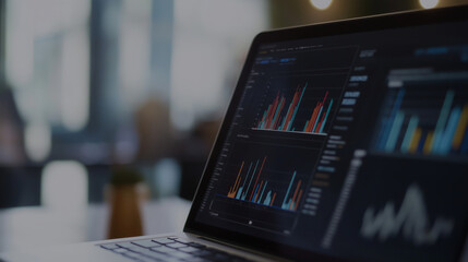 Fototapeta premium A detailed view of business graphs displayed on a laptop screen, capturing data analysis in progress, with a subtle blur of office dÃ©cor and colleagues in the background.