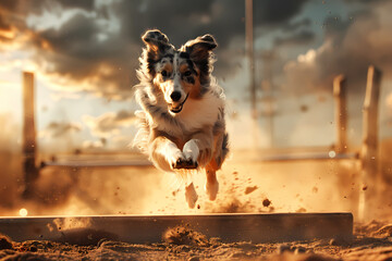 A lively, brown and white Australian Shepherd leaps joyfully through the air, kicking up sand in a dynamic setting at sunset.