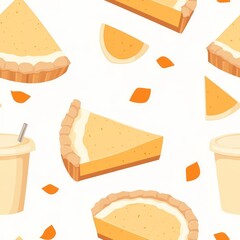 Pastel seamless design with pumpkin pie slices and latte cups, minimalist aesthetic, repeating pattern, [pumpkin pie, latte, pastel, seamless], [soft autumn, pattern design].--tile