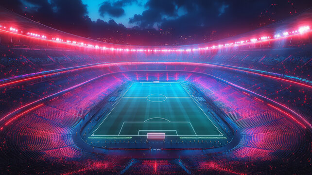 minimal, neon vector illustration of football stadium championship in Qatar.