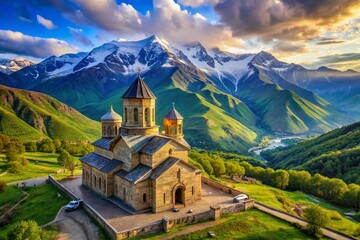 Fototapeta premium Nestled at the foot of the awe-inspiring Caucasus Mountains, this scenic church is surrounded by breathtaking