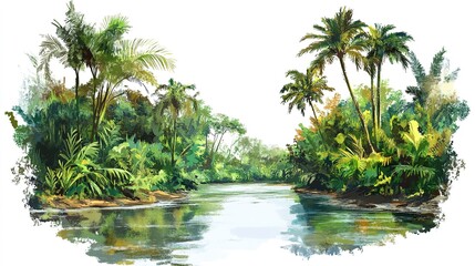 Obraz premium A tropical river with dense jungle along the banks, exotic landscape, digital painting, vibrant greens, isolated on white background 