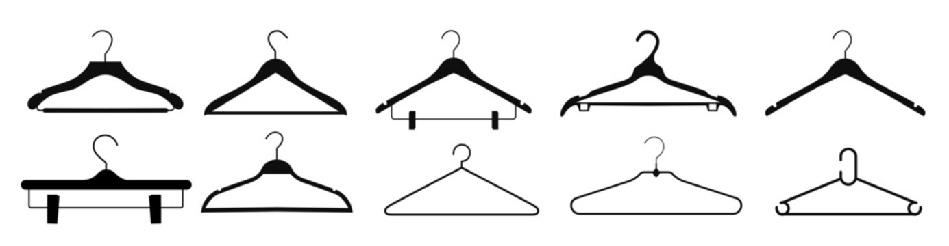 collection of clothes hanger silhouette vector illustrations. black silhouettes on white background show various shapes of clothes hangers.