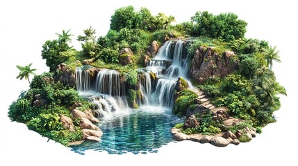 A river with cascading waterfalls, natural wonder, photorealistic style, lush greens, isolated on white background  