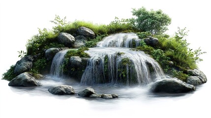 Obraz premium A river with cascading waterfalls, natural wonder, photorealistic style, lush greens, isolated on white background 
