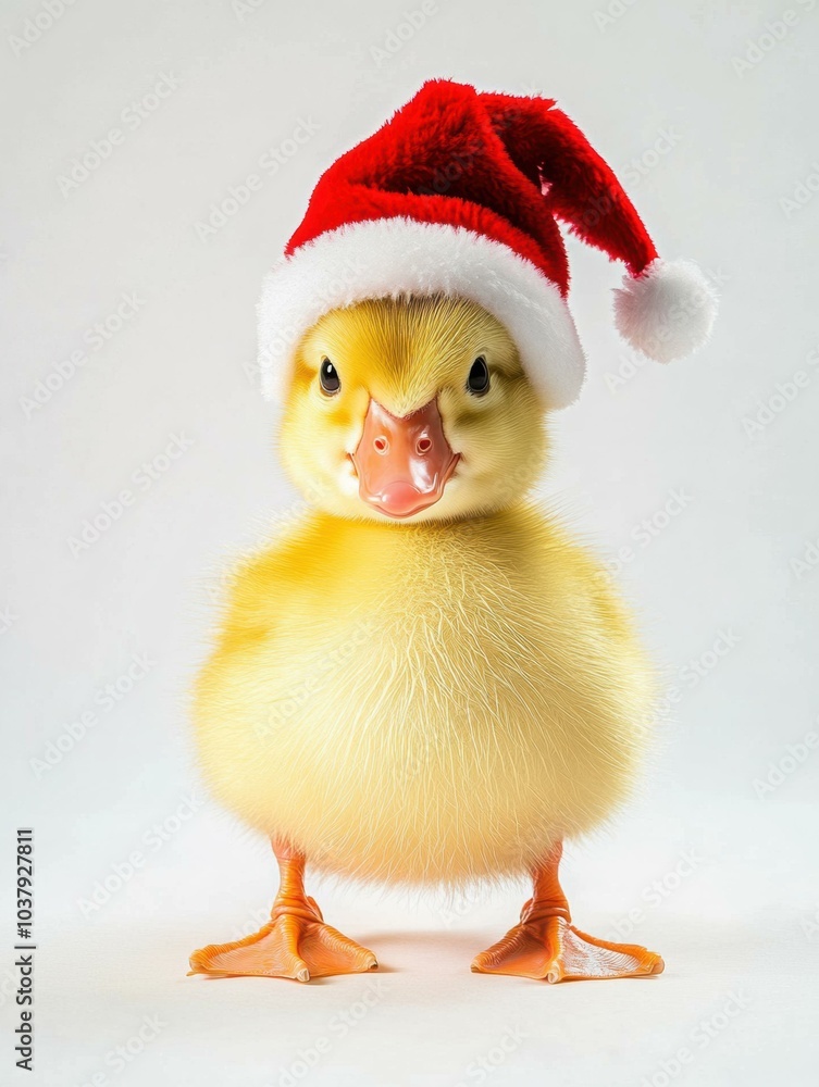 Sticker A cute little duckling wearing a Santa hat. AI.