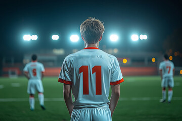 Fototapeta premium Back view of two Japanese high school soccer players, white shirts, white shorts