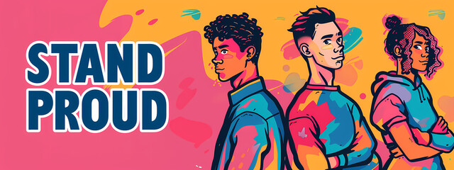 Obraz premium Three diverse young adults stand back-to-back with confident expressions, showcasing unity and empowerment against a vibrant pink and orange backdrop.