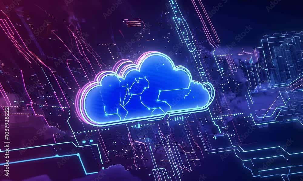 Poster a futuristic cloud technology background with glowing neon lines and an abstract symbol of the inter