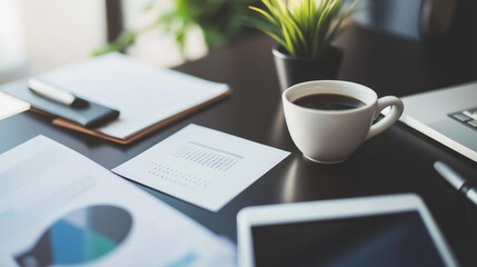 A close-up image featuring a modern tablet, a cup of coffee, and important documents spread across a sleek desk, with a soft-focus background highlighting an elegant office setting.