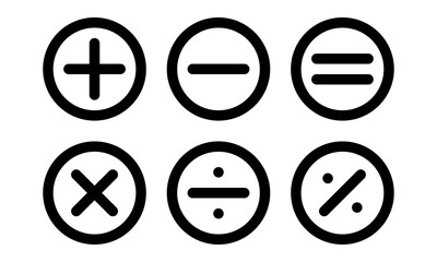 arithmetical signs simple vector round outline icons, black on white background
