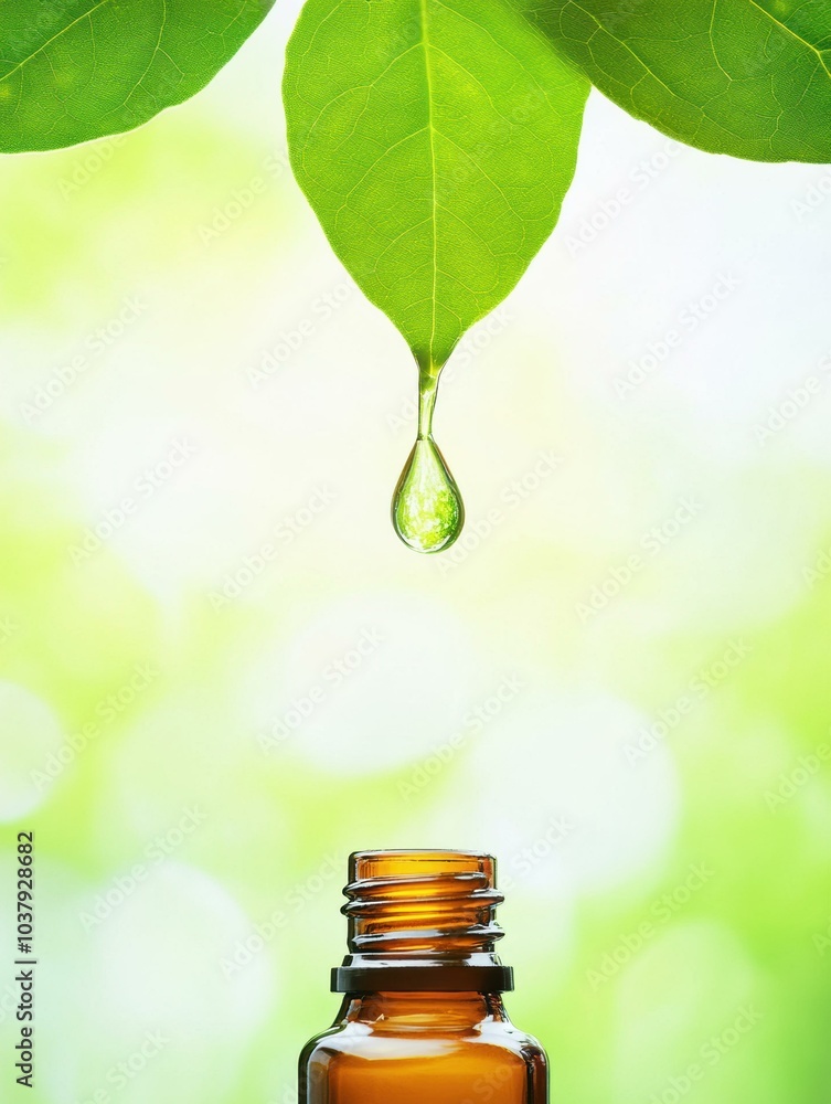 Canvas Prints A drop of essential oil falling from a leaf. AI.