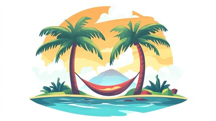 A tropical island with a hammock between two palm trees, relaxation scene, flat vector illustration, bright colors, isolated on white background