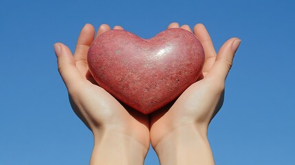 A heart-shaped object held between two hands against a clear blue sky, signifying the shared love and unity of the individuals holding it