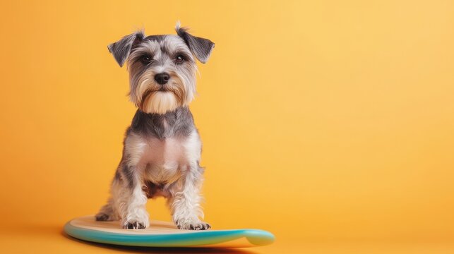 Miniature Schnauzer on Surfboard Against Yellow Background