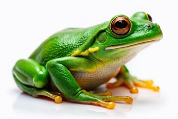 Naklejka premium Radiant green frog on a white backdrop, perfect for nature and wildlife art, highlighting its striking colors and