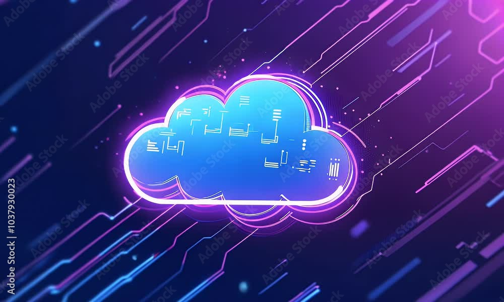 Poster a futuristic cloud technology background with glowing neon lines and an abstract symbol of the inter