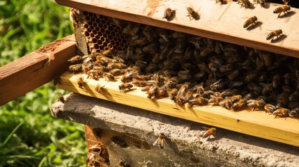A hive of bees is seen in a wooden box