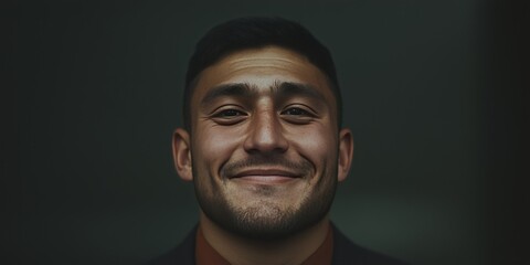 Obraz premium Confident Young Man Smiling in Professional Attire Against a Dark Background