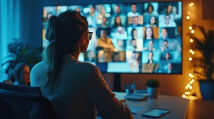 Diverse Company Employees Engaging in Online Business Conference on TV Screen in Board Meeting Room