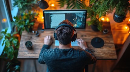 Remote Learning: Male Student Engaged in Online Training Class with Teacher, Taking Notes, Aerial View from Above