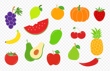 cartoon flat collection of fresh fruits isolated on transparent background. fruit clip art