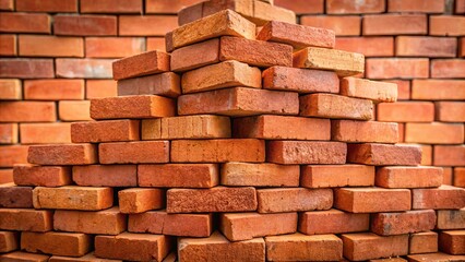Obraz premium A Stack of Clay Bricks Forming a Triangular Pyramid in Front of a Brick Wall