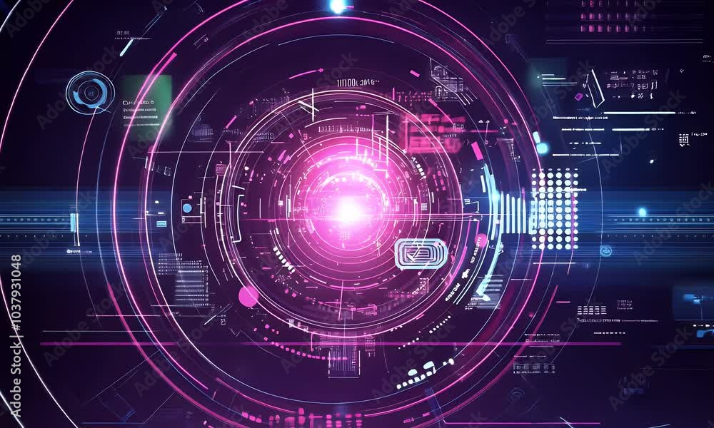 Wall mural abstract futuristic background with colorful glowing light effects and circuit board elements on a d