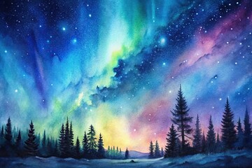 watercolor painting of night sky with aurora vertical Low Angle