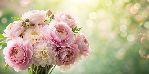 Delicate pink blossoms and creamy white flowers nestled in a bouquet, bathed in soft, warm light against a bokeh background of green and gold hues.