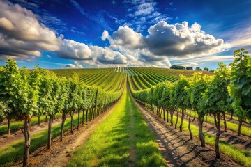 Naklejka premium Vines in a row in vineyard with blue sky and clouds landscape macro