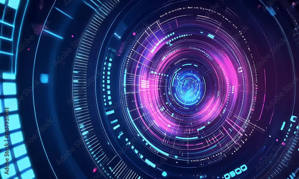 Poster abstract futuristic background with colorful glowing light effects and circuit board elements on a d