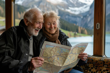 A couple looks at a map while on a trip. AI.