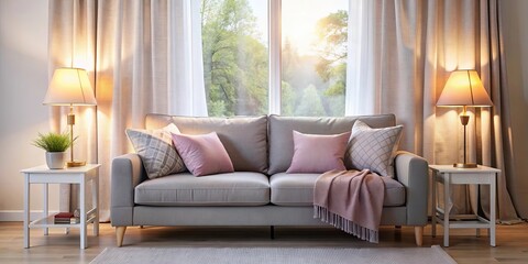 Fototapeta premium A soft gray sofa with pink and beige pillows and a throw blanket, illuminated by warm lamplight in a living room with large windows overlooking a natural outdoor scene.