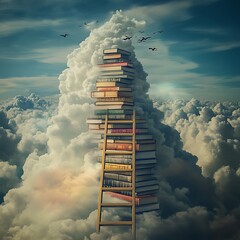  A dreamlike surrealist image depicting a tall stack of books reaching into the clouds, with a ladder leaning against them. Birds soar around the tower, symbolizing the boundless
