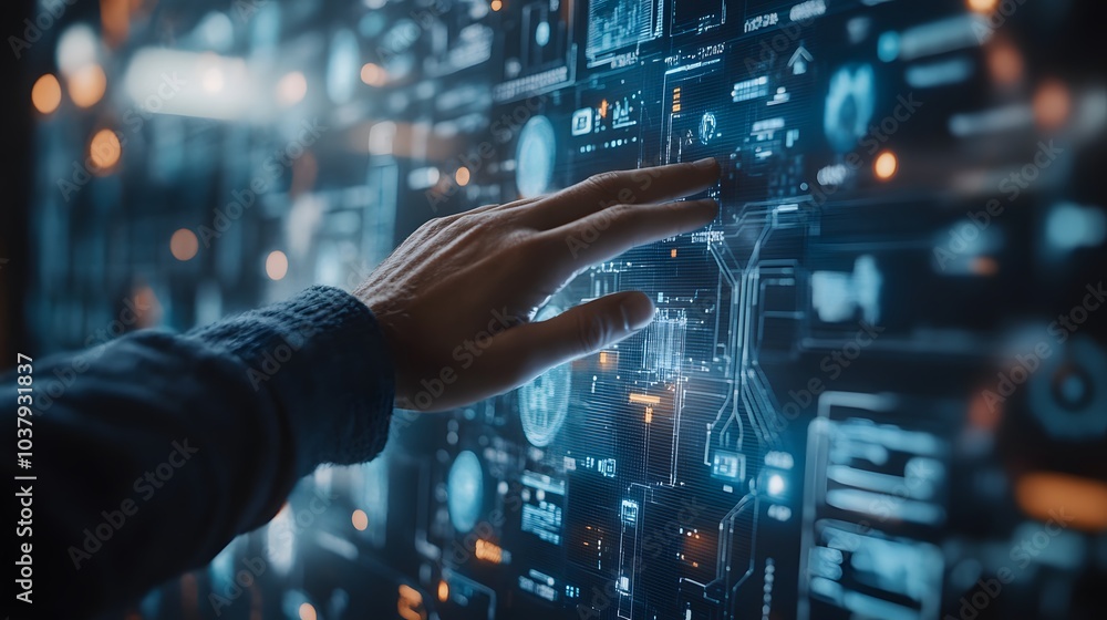 Aufkleber man touching a virtual technology concept.