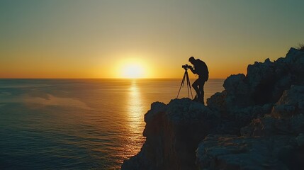Photographer Setting Up Tripod for Sunset View