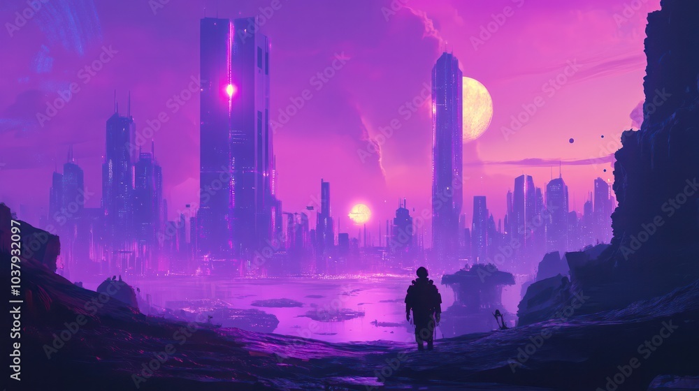 Aufkleber a man stands in front of a city with a large moon in the sky