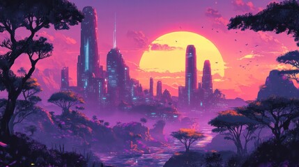 A cityscape with a large yellow sun in the background