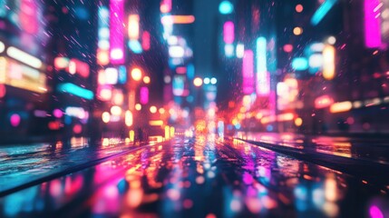A city street with neon lights and rain